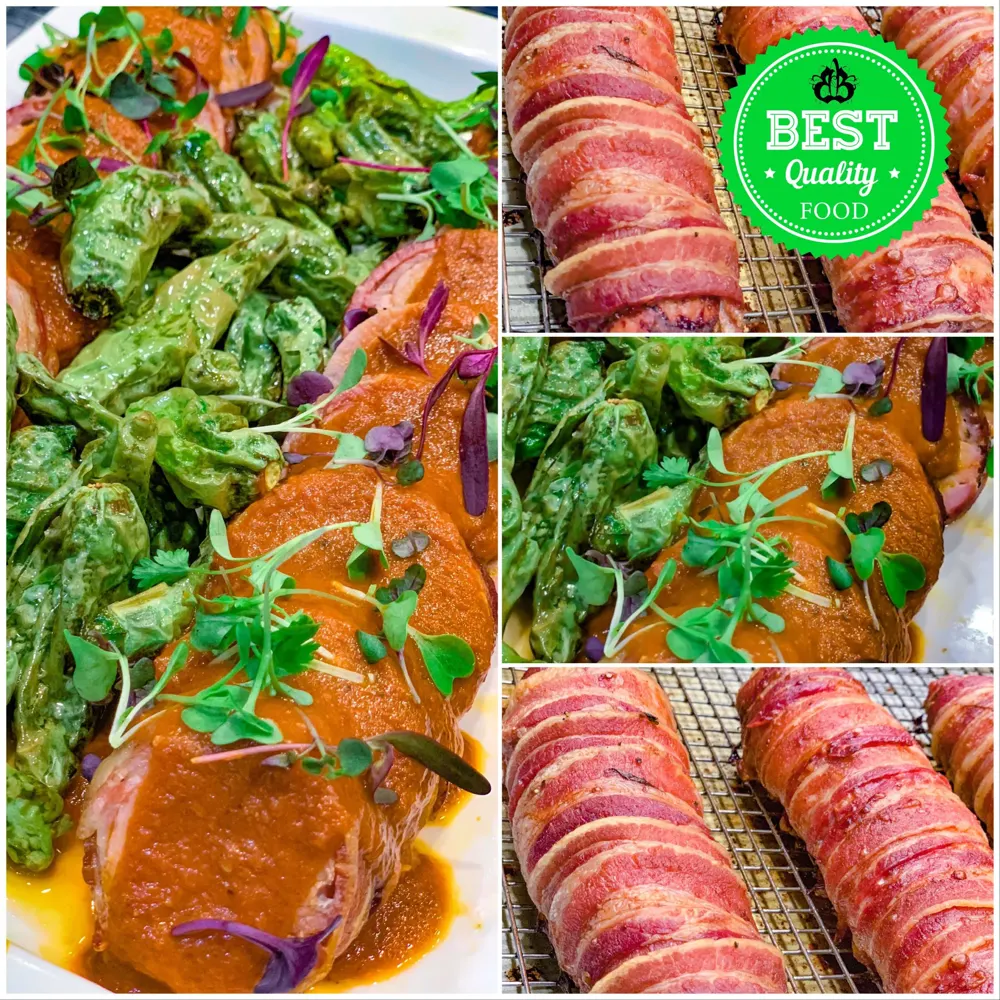 Bacon-wrapped pork with roasted peppers in romesco sauce