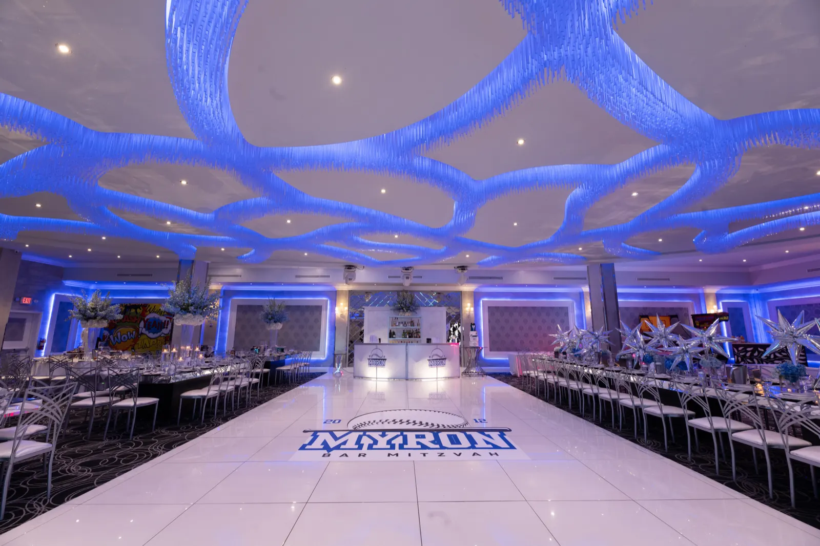 Crystal Ballroom — Myron Bar Mitzvah with custom dance floor logo and blue lighting
